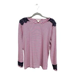 Brooks Brothers Pink White Striped Long Sleeve Blue Lace Trim Size XL Cotton